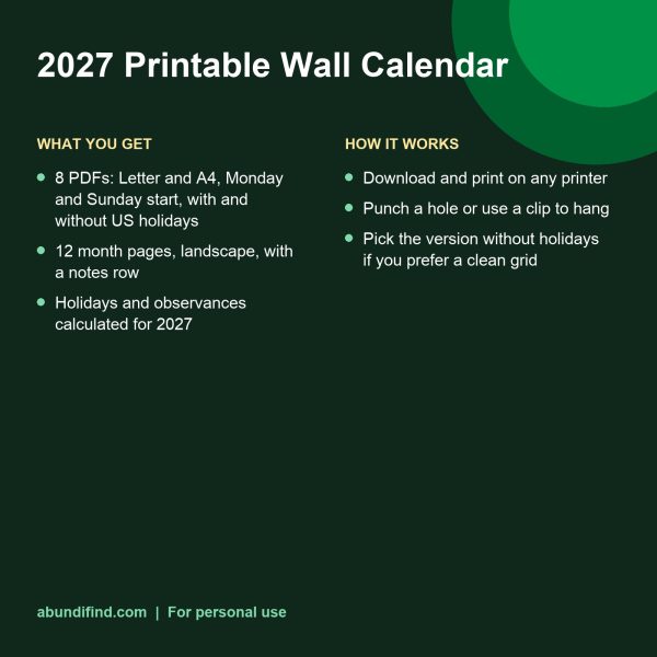 2027 printable wall calendar month pages (details)