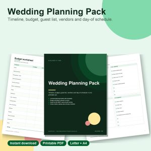 Wedding planning pack printable pages: timeline, budget and guest list
