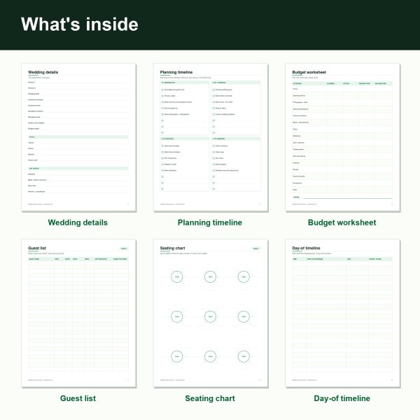 Wedding planning pack printable pages: timeline, budget and guest list (inside)