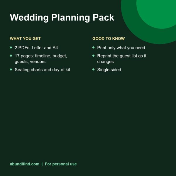 Wedding planning pack printable pages: timeline, budget and guest list (details)
