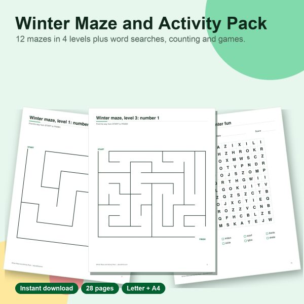 Winter maze and activity pack printable pages