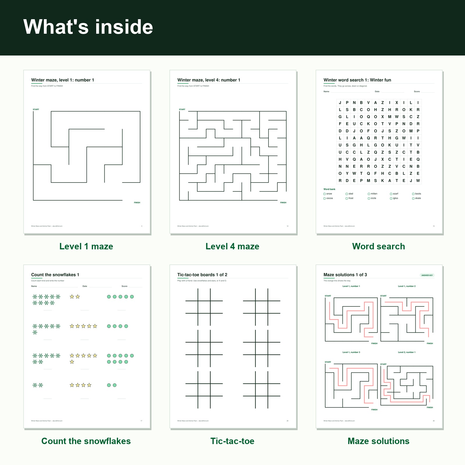 Winter maze and activity pack printable pages