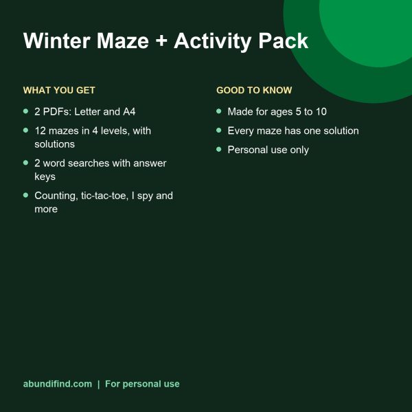 Winter maze and activity pack printable pages