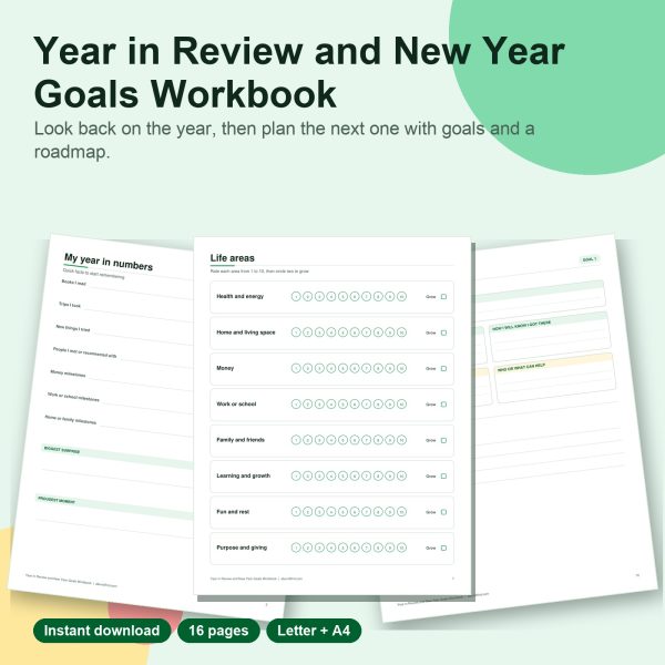 Year in review and new year goals workbook printable pages