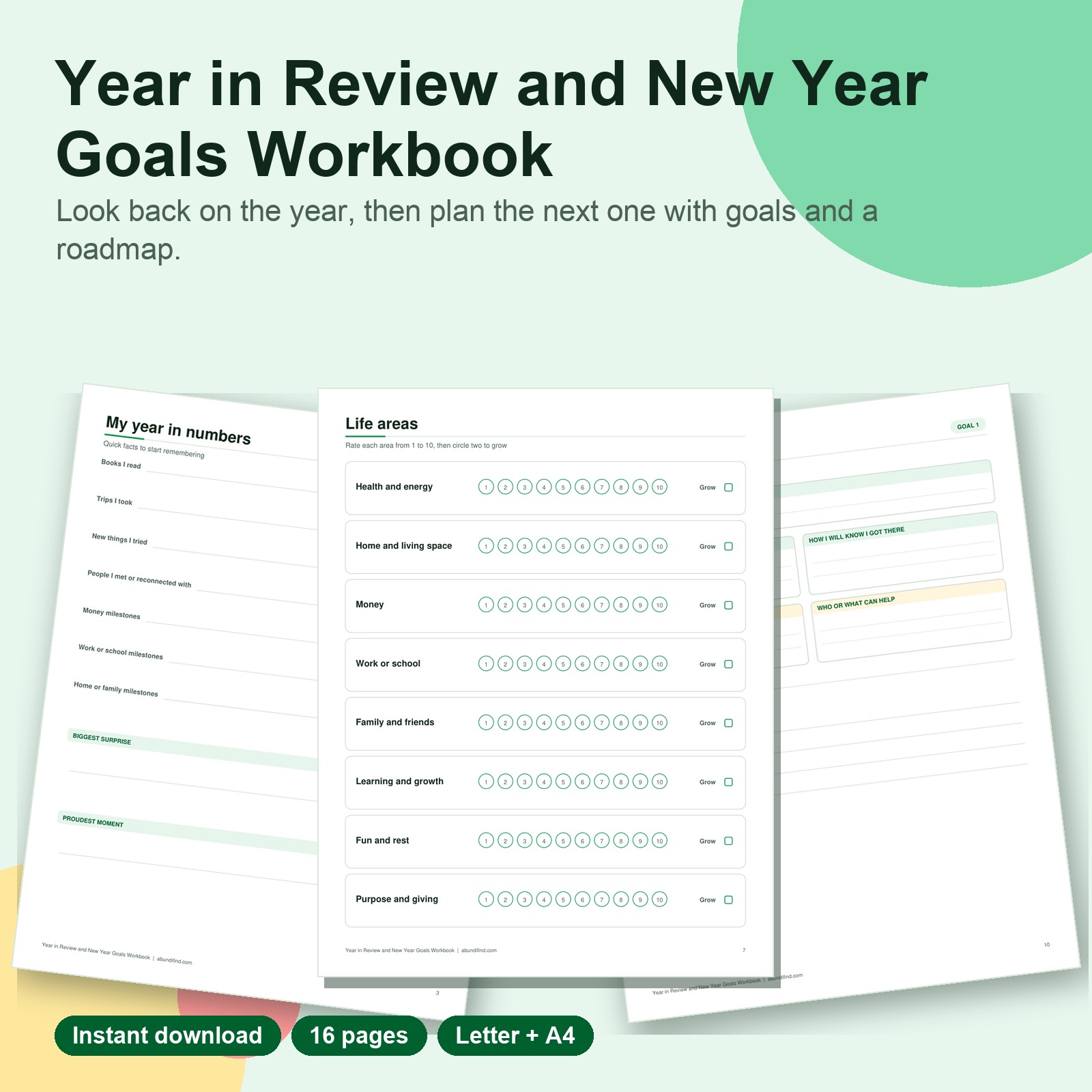 Year in review and new year goals workbook printable pages