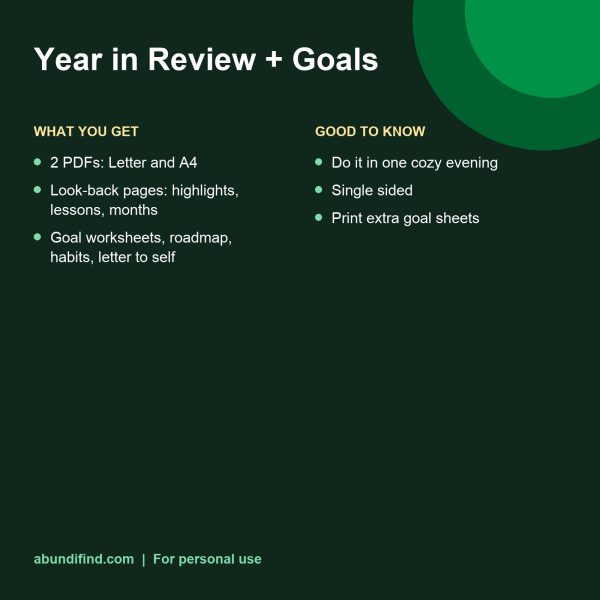Year in review and new year goals workbook printable pages details