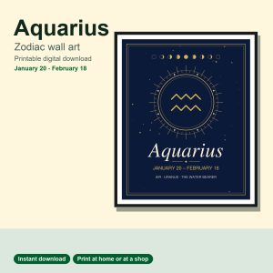 Aquarius zodiac wall art in navy and gold, framed print
