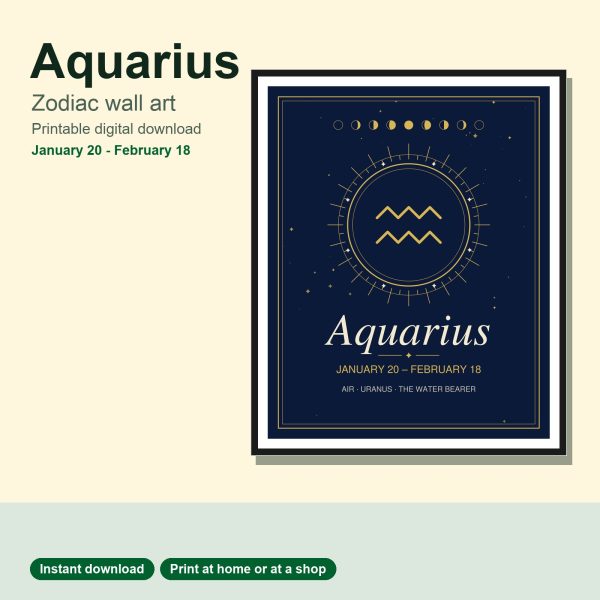 Aquarius zodiac wall art in navy and gold, framed print