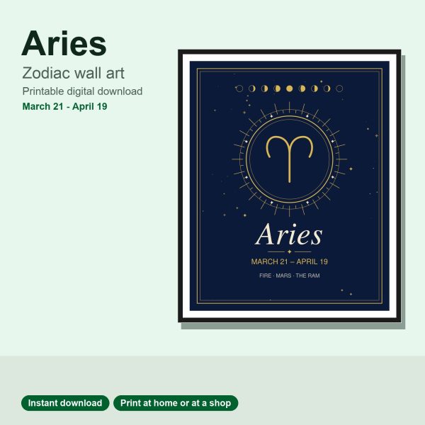 Aries zodiac wall art in navy and gold, framed print