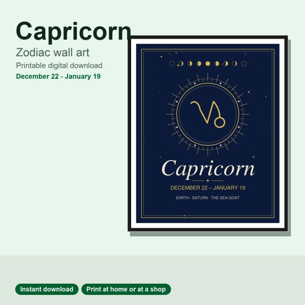 Capricorn zodiac wall art in navy and gold, framed print
