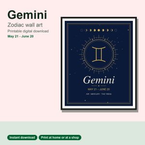 Gemini zodiac wall art in navy and gold, framed print