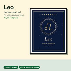Leo zodiac wall art in navy and gold, framed print