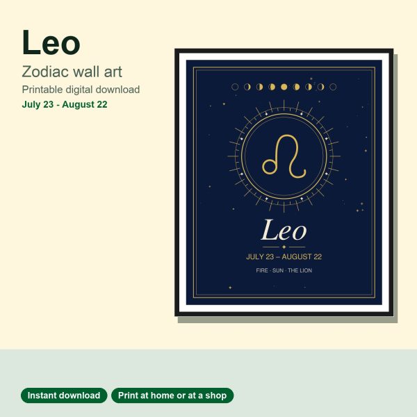 Leo zodiac wall art in navy and gold, framed print
