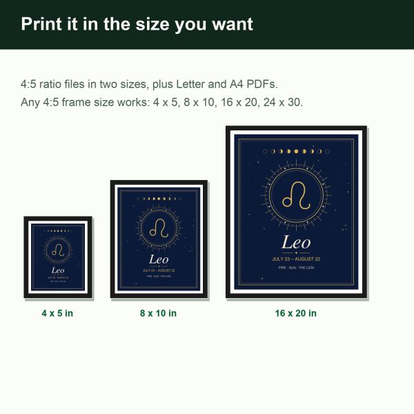 Leo zodiac wall art in navy and gold, framed print (inside)