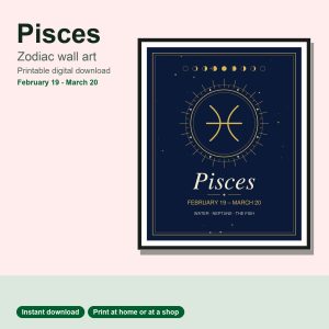 Pisces zodiac wall art in navy and gold, framed print