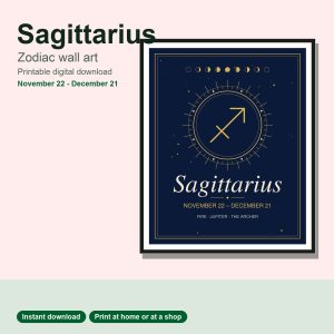Sagittarius zodiac wall art in navy and gold, framed print
