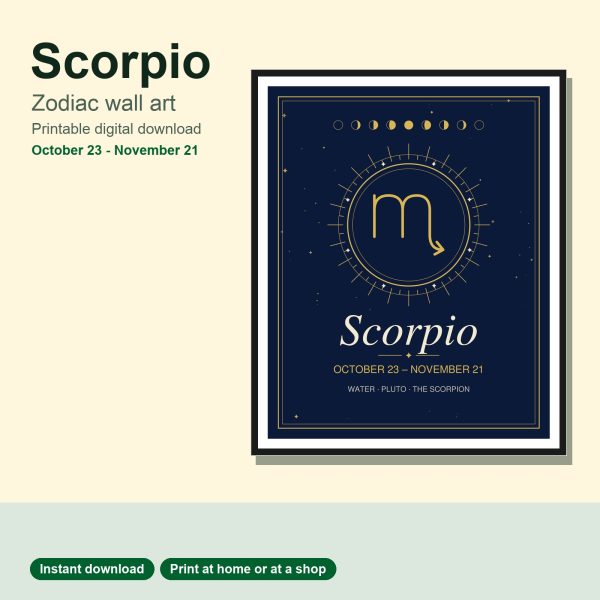 Scorpio zodiac wall art in navy and gold, framed print