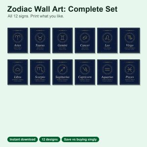 Twelve zodiac wall art prints in navy and gold