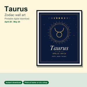 Taurus zodiac wall art in navy and gold, framed print