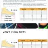 Women's and men's sherpa clog size chart with US size, EU size and insole length