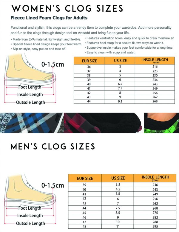 Women's and men's sherpa clog size chart with US size, EU size and insole length