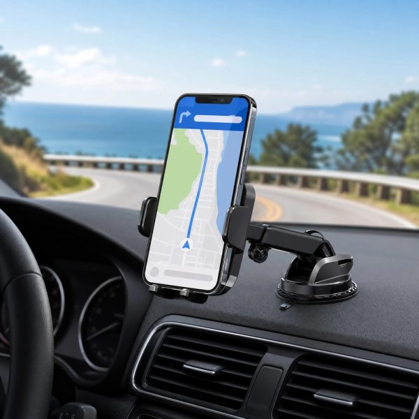 Phone mounted in a car on a flexible suction phone holder