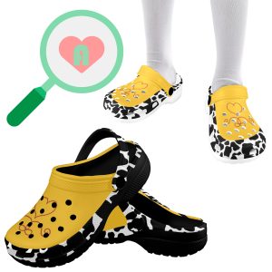 Cow print western clog with a yellow upper, black and white base options