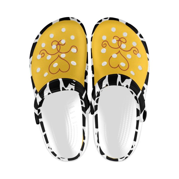 Cow print western clog with a yellow upper, product view 1