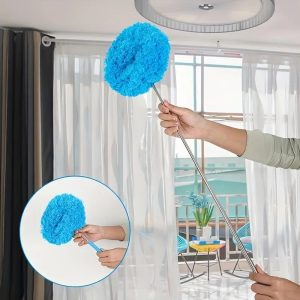 Blue microfiber ceiling fan duster with long extendable handle