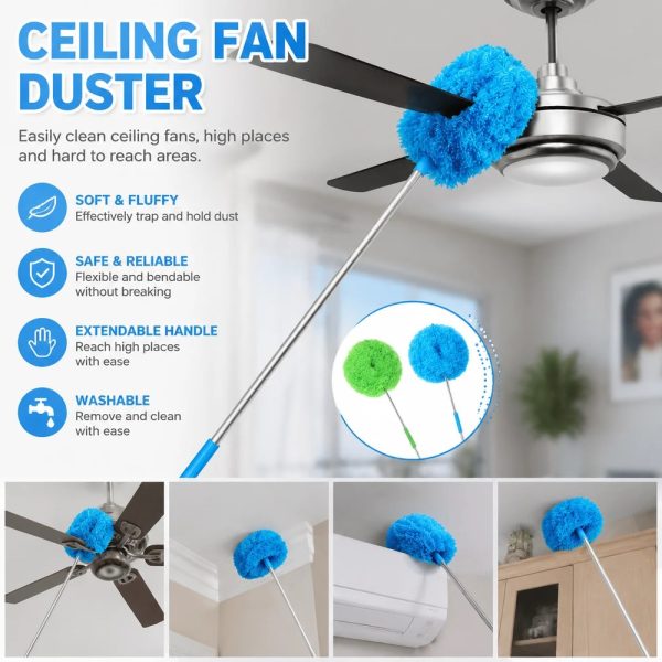 Blue microfiber duster cleaning a ceiling fan