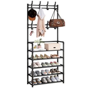 Five-tier black shoe and hat rack with coat hooks