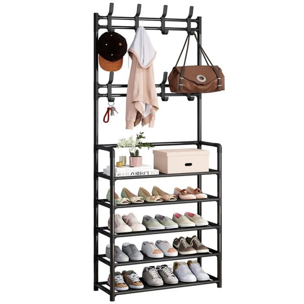 Five-tier black shoe and hat rack with coat hooks