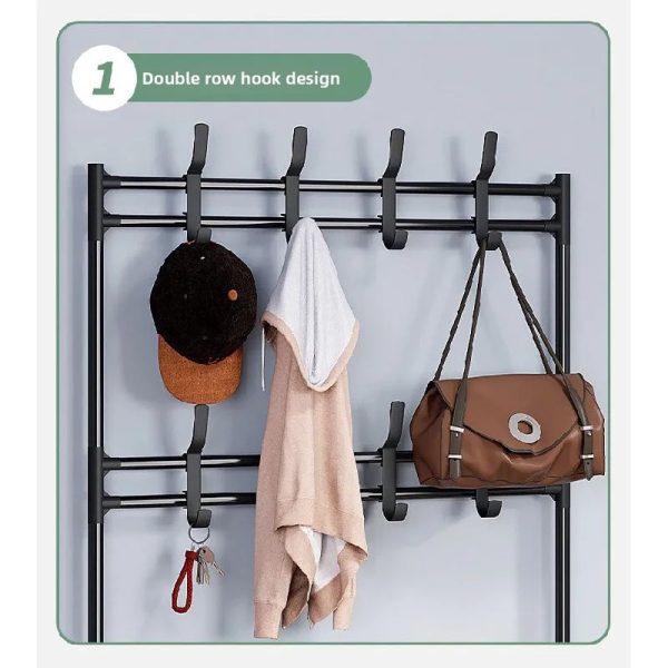 Five-tier black shoe and hat rack with coat hooks