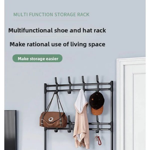 Five-tier black shoe and hat rack with coat hooks