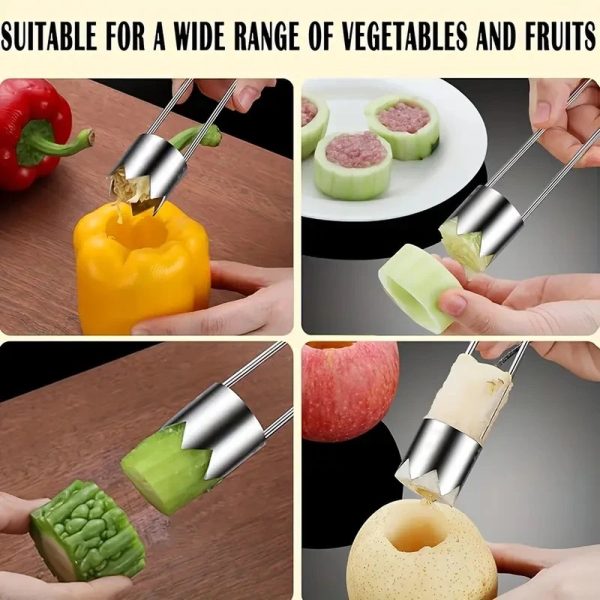 Stainless steel corer removing the core from an apple and peppers