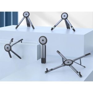 Foldable aluminum laptop and tablet stand shown in several positions