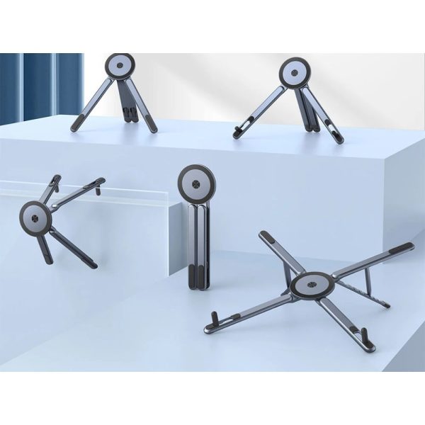 Foldable aluminum laptop and tablet stand shown in several positions
