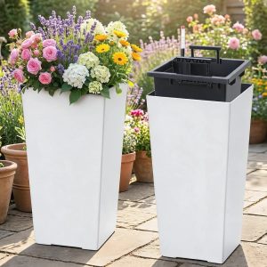 Tall white self-watering planter set of 2