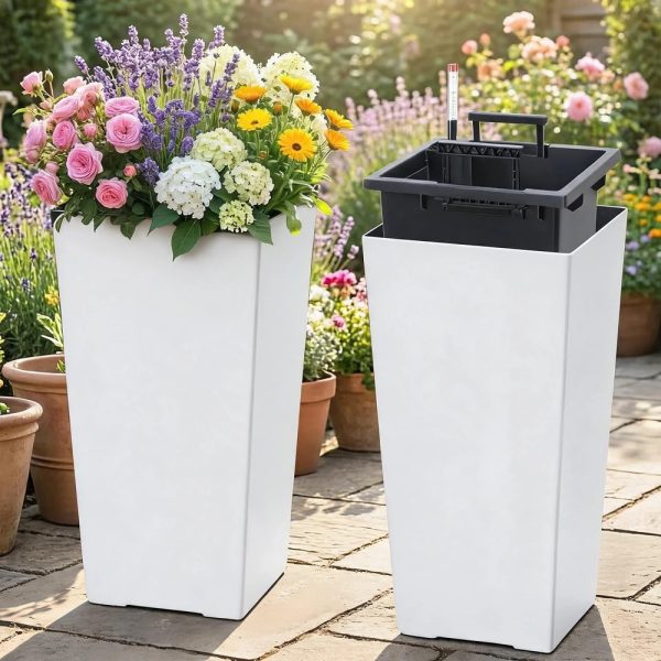 Tall white self-watering planter set of 2