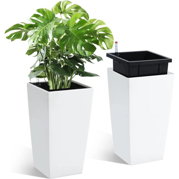 Tall white self-watering planter set of 2